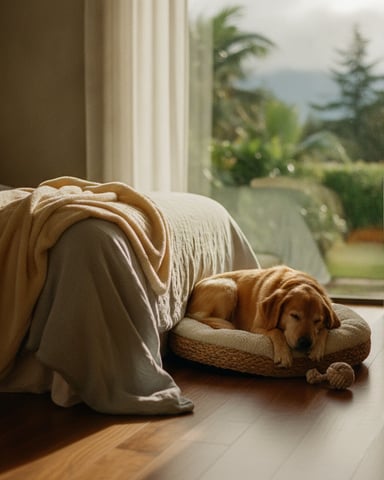 Golden retriever resting on bed next to window overlooking garden and mountains