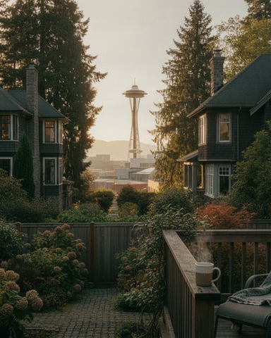Residential backyard with deck overlooking two houses and Space Needle in Seattle skyline at sunset