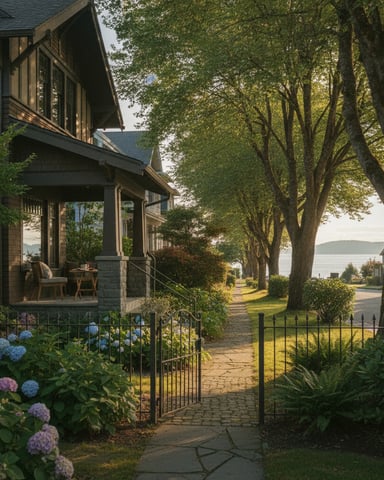 Modern cottage with porch overlooking lake, tree-lined pathway with hydrangeas and metal gate in foreground