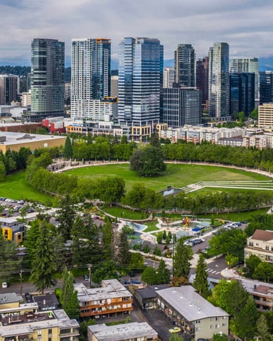 City skyline with downtown high-rises, green park with playground, residential buildings, and forested hills in background
