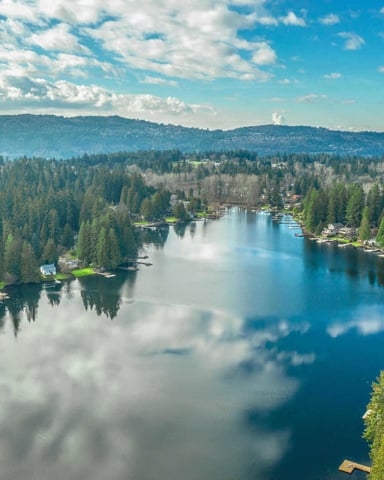 Aerial view of a mountain lake surrounded by dense evergreen forest with residential homes along the shoreline and mountains in the distance