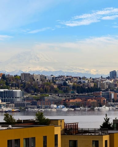 Waterfront cityscape with snow-capped mountain in distance, modern buildings, and boats on water