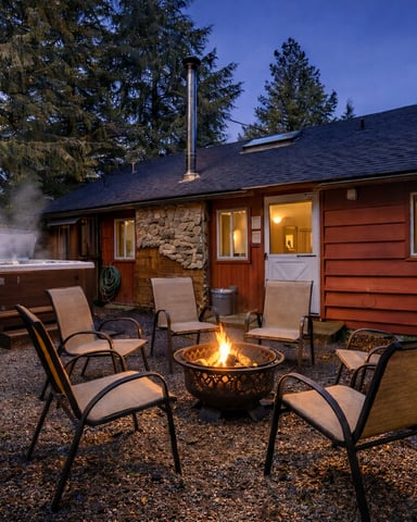 Red cabin backyard at dusk with fire pit, lounge chairs, hot tub, and tall evergreen trees
